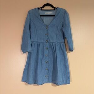 ASOS Denim Womens Blue Button Down V-Neck 3/4 Sleeve Mini Dress Size US 6 UK 10
